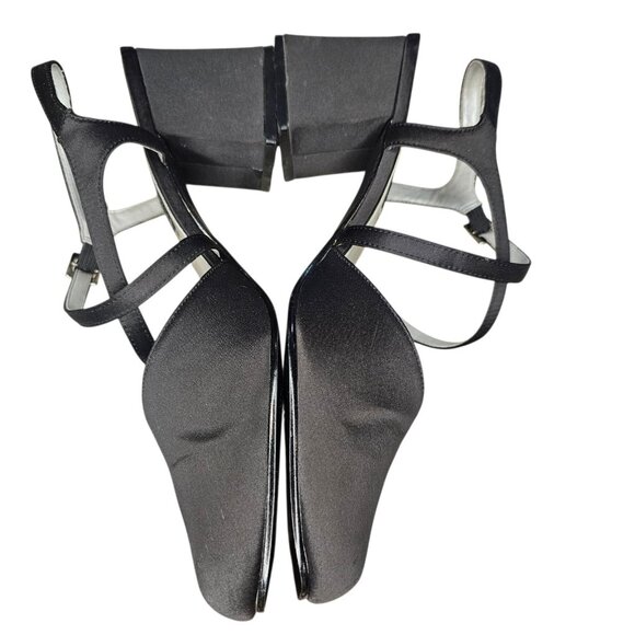 90s Y2K Chunky Heel Square Toe Strappy Mule Black Satin Business Sz 9‎ 2.5" - Picture 9 of 16